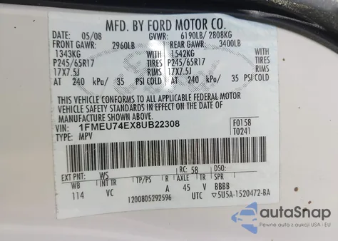 2008 Ford Explorer Eddie Bauer из США, поврежденный, VIN 1FMEU74EX8UB22308